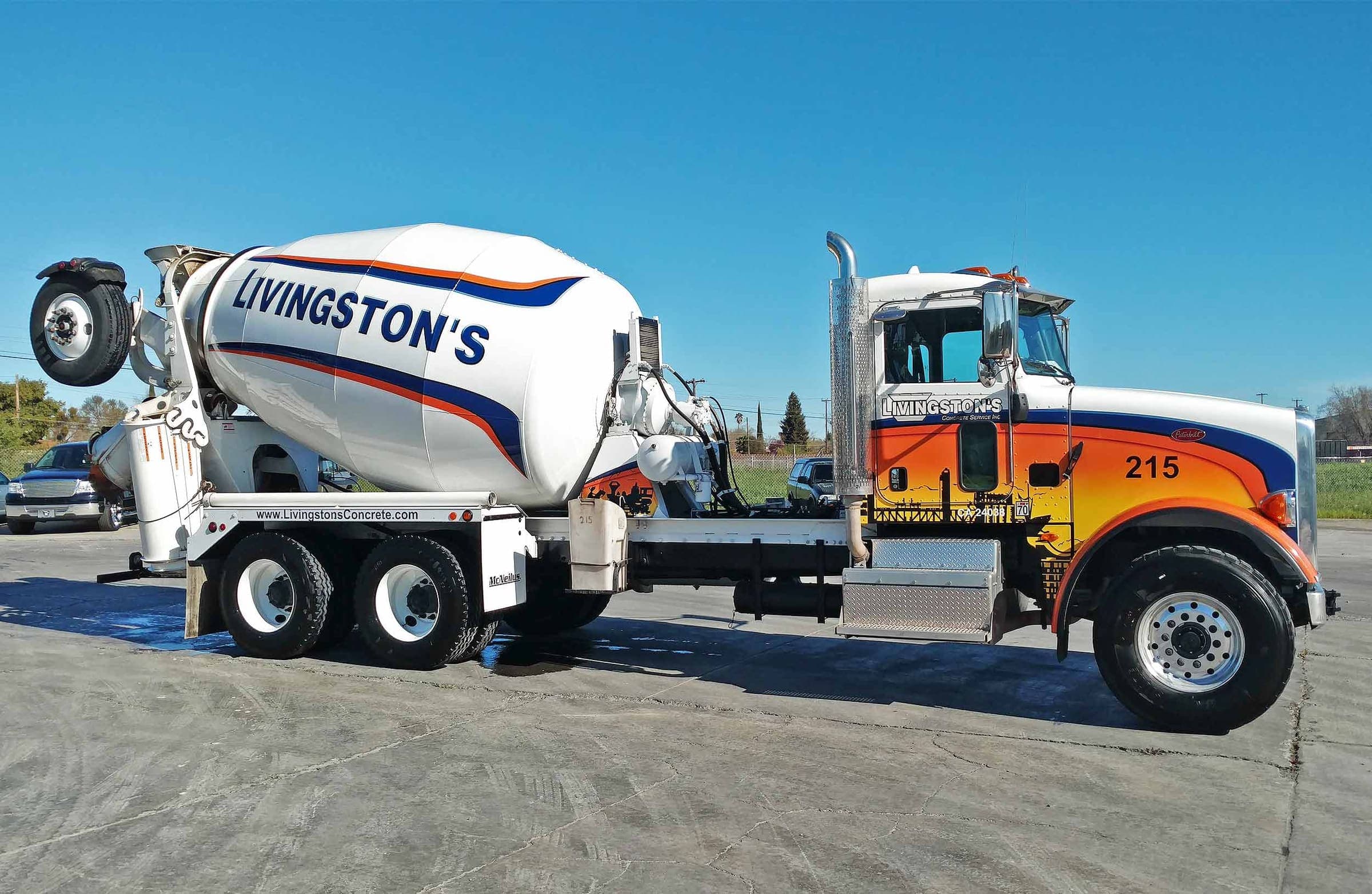 Livingston's Peterbilt mixer truck number 215 in the company's sunset livery