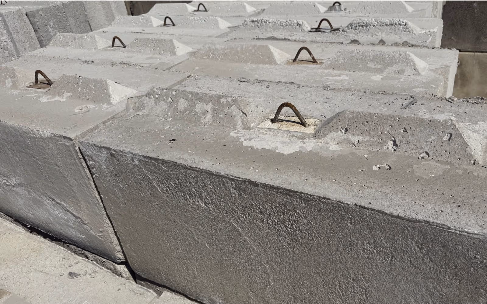 Interlocking concrete blocks ready for pickup